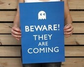 Beware, They Are Coming A3 Poster- Pac-Man Ghost- Sapphire Blue, Geekery Teens Gift