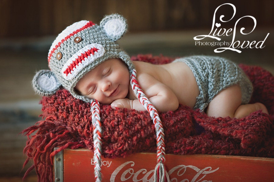 PDF CROCHET PATTERN - Sock Monkey hat and diaper cover - Photography Prop