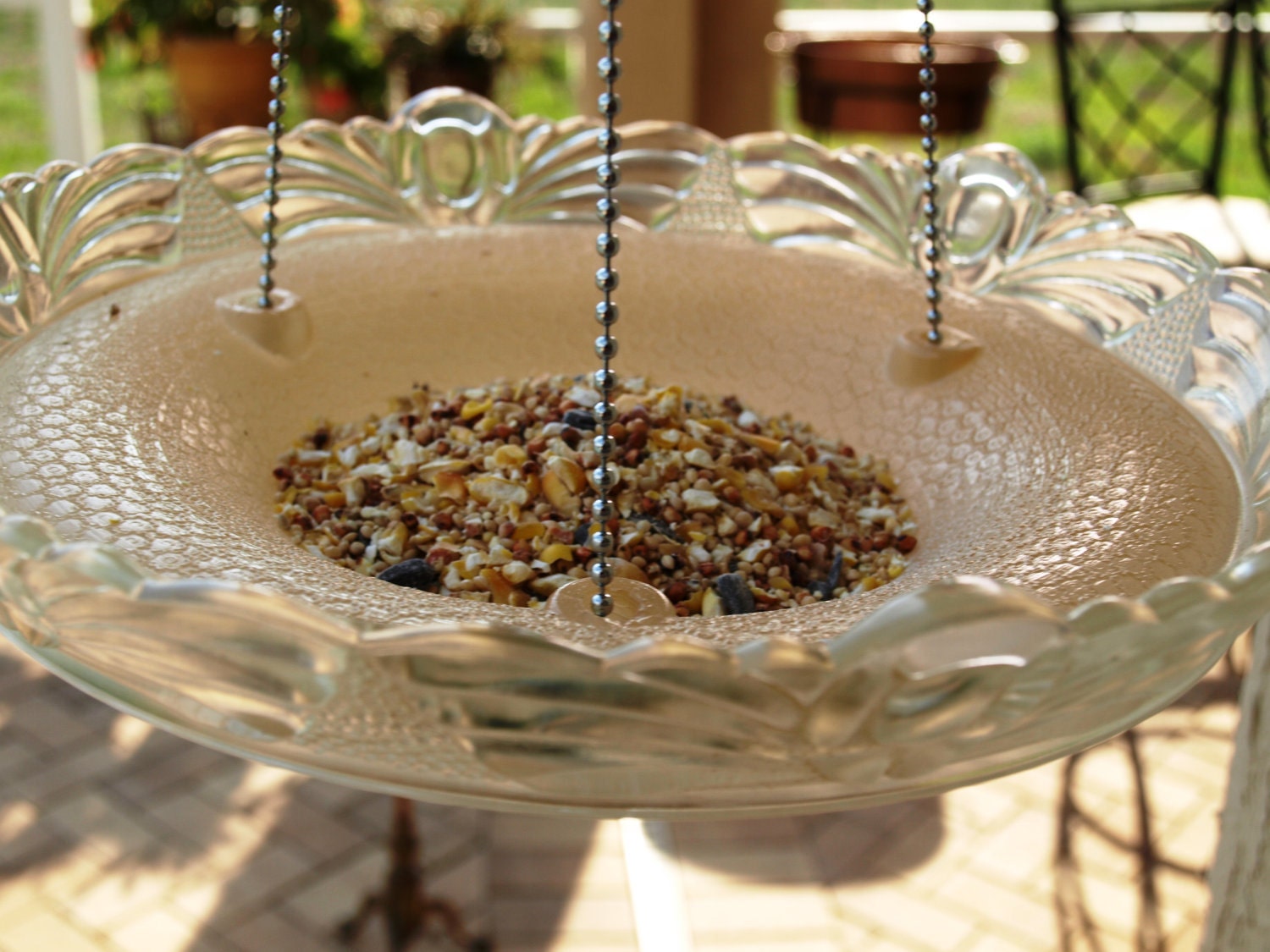 repurpose light fixture hanging planter bird feeder candle holder vintage pink