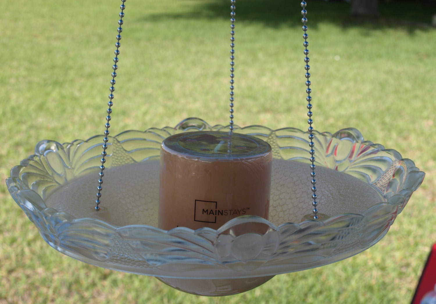 repurpose light fixture hanging planter bird feeder candle holder vintage pink
