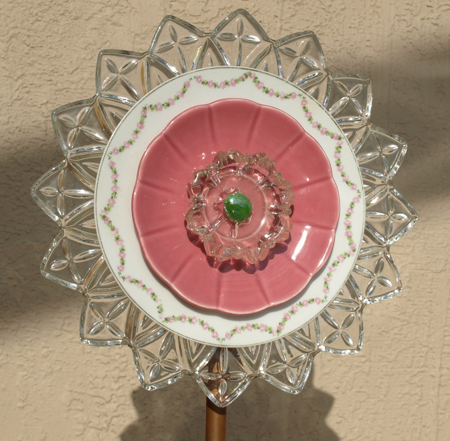 federal petal Glass Plate Flower No-Kill Ever-Blooming garden art ooak repurpose vintage pink