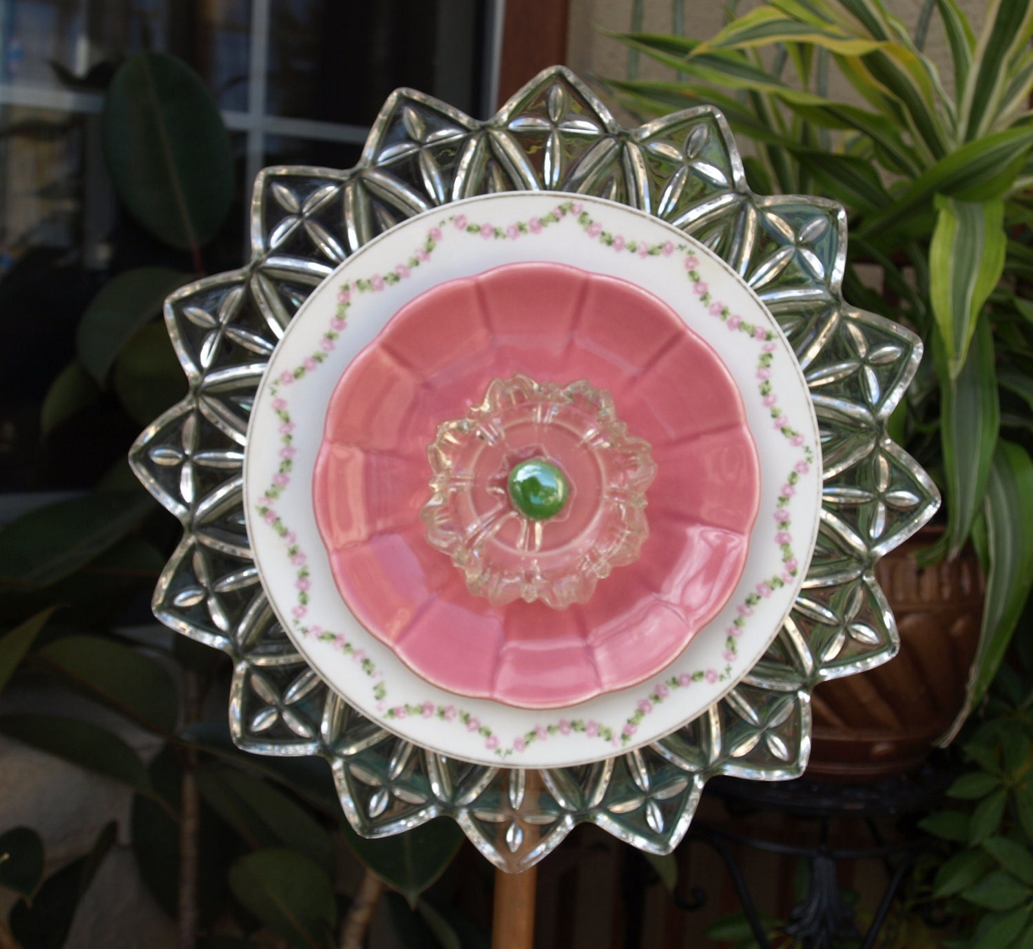 federal petal Glass Plate Flower No-Kill Ever-Blooming garden art ooak repurpose vintage pink
