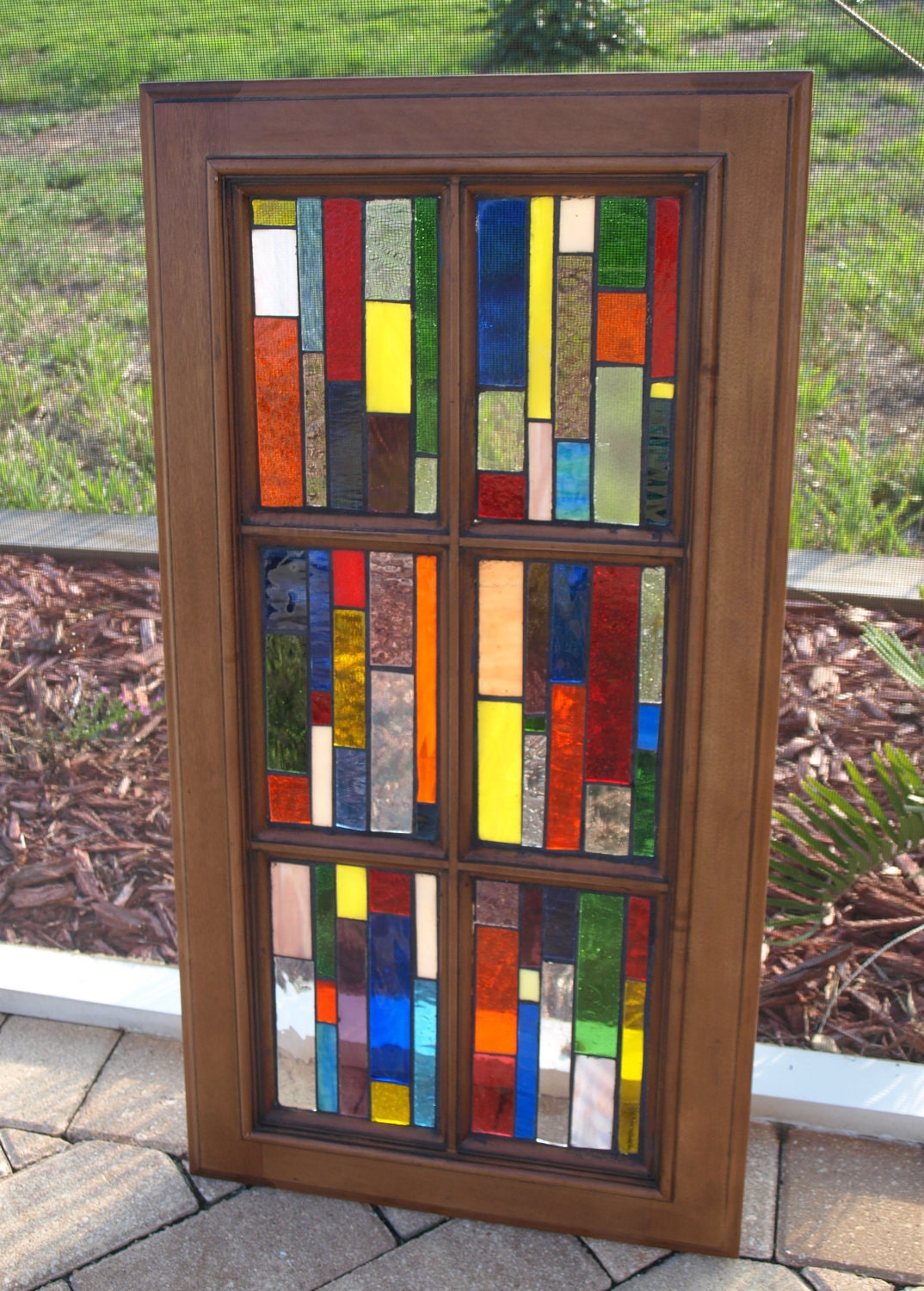 Stained Glass Mosaic Window Wood "Vertiglo B" Repurpose Vintage Cabinet Door