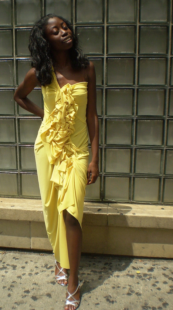 Yellow Long One Shoulder Ruffle Dress/bridesmaid dress/handmade/prom dress/one of a kind designed by Cheryl Johnston