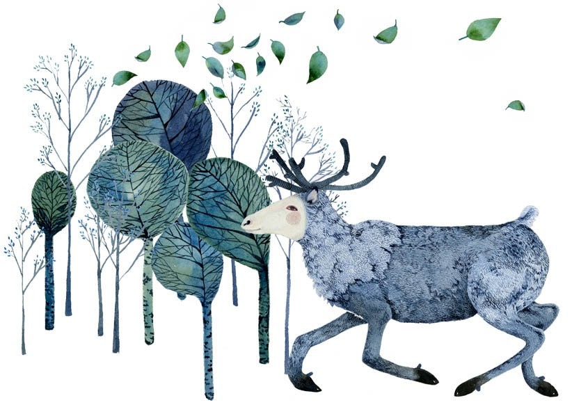 Print Reindeer Runs in Wood illustration 8x11