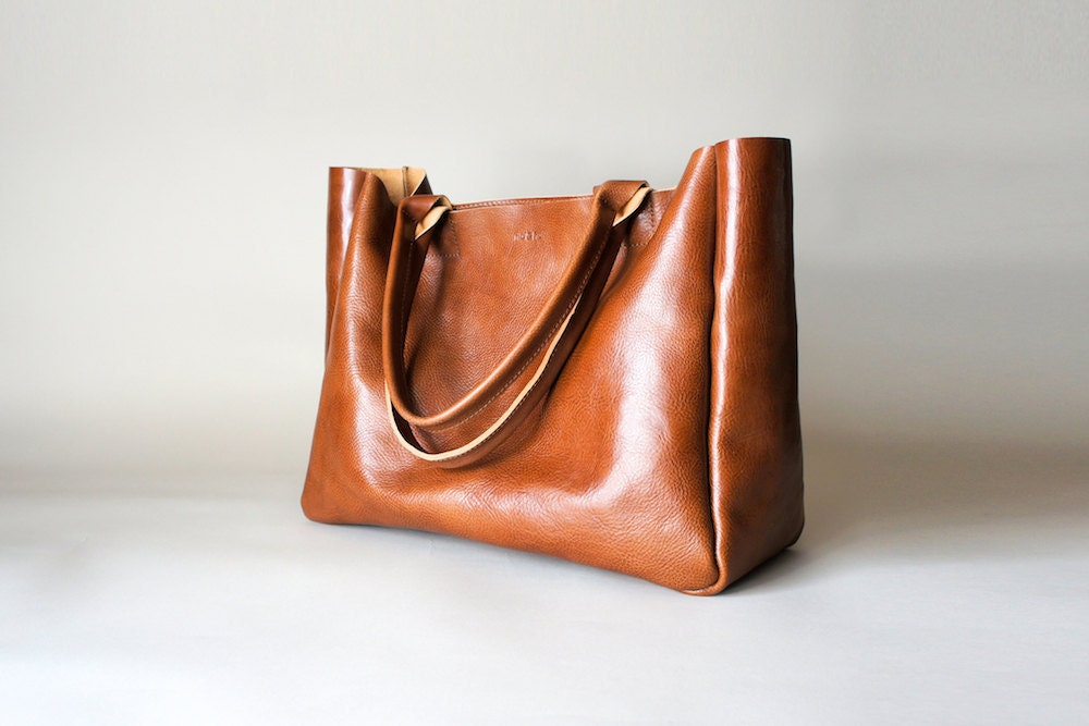 Brown Leather Bag - Heirloom Tote - Cognac Brown Vegetable Tanned Leather