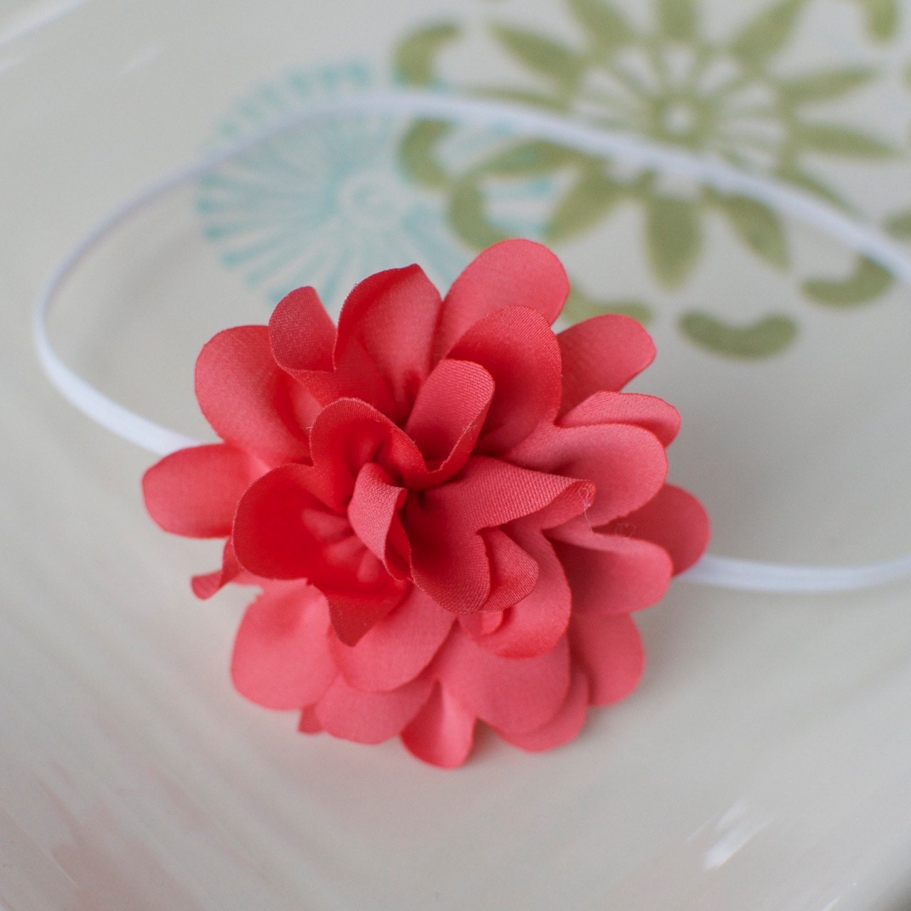 Bright Coral Chiffon Flower Headband- A Petite Flower on Skinny Headband- Perfect Newborn Photo Prop