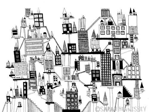 City on Stairs and Stilts, Detailed and Intricate 8x10 Black and White Print of my Original Drawing
