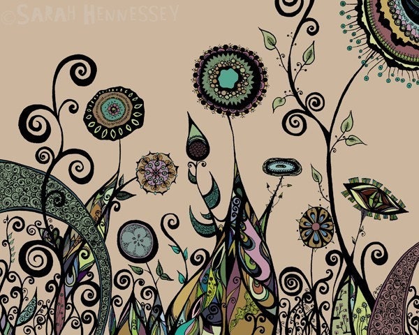 Surreal Garden with Rainbow Flowers and Peach Orange Background 8x10 Print, Ink Pen Drawing of Flowers and Swirls