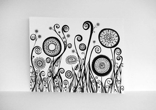Five Circular Flowers and One Oval Bloom 8x10 Black and White Pen Drawing Print. Abstract Botanical Line Illustration.