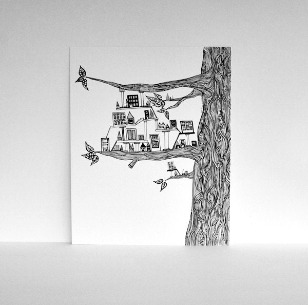Miniature City Built in a Tree - PRINT of my Original Ink Pen Drawing in Black and White 8x10 Whimsical Art