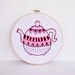 50% OFF SALE - Embroidery Hoop Art Pink, Red, Maroon and Burgundy Embroidered Teapot - 8 inches Fiber Art