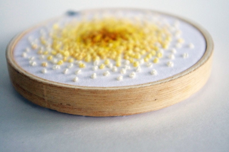 Embroidery Hoop French Knot Color Progression from Mustard to Yellow - 3 inch Hoop Ombre Fiber Wall Art