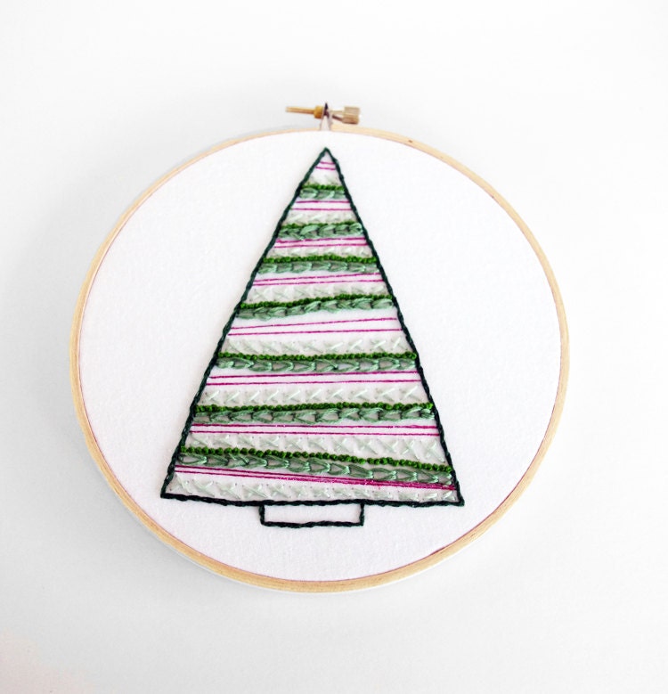 20% OFF SALE: Contemporary Green and Hot Pink Christmas Tree with Garland - 6" Embroidery Hoop Wall Art - Price Already Reduced