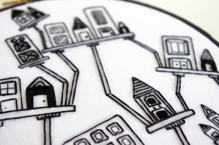 Black and White Hand Embroidery Crooked City 6 inch Embroidery Hoop Art Fiber Art Wall Hanging with Abstract Houses