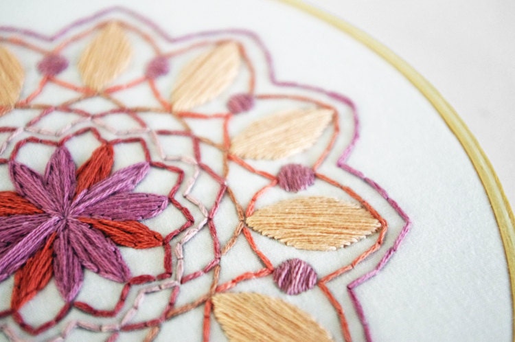 Embroidered Mandala in Peach, Orange, Pink and Tangerine - 6 Inch Embroidery Hoop