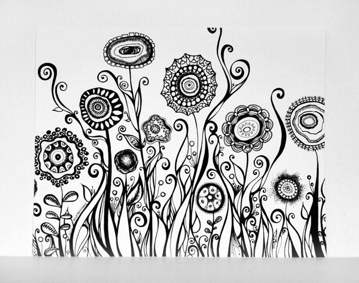 Hand Drawn Flowers Swirling Garden 8x10 Black and White Fine Art Print - Modern Art Pen Line Drawing. Abstract Botanical Illustration