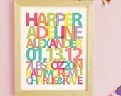 Custom Birth Announcement - Girl Nursery Art Pastel Colors or Pink, Lavendar, Green, Turquoise OR Custom Colors