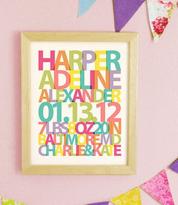 Custom Birth Announcement - Girl Nursery Art Pastel Colors or Pink, Lavendar, Green, Turquoise OR Custom Colors