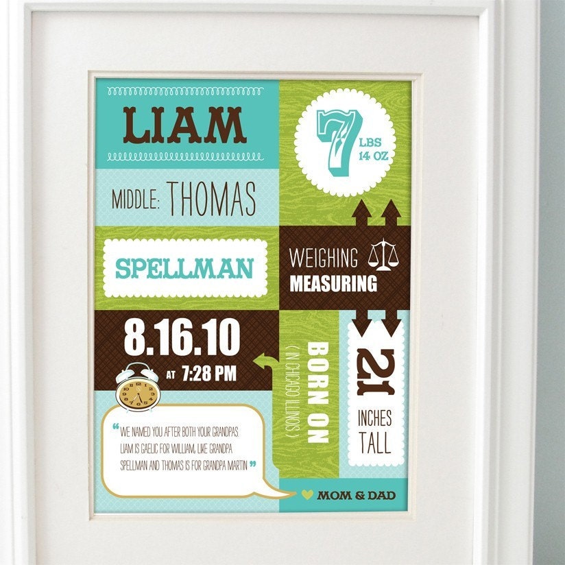 Custom Baby Boy Nursery Art - Birth Announcement Print 8 x10 - Turquoise Blue/ Green