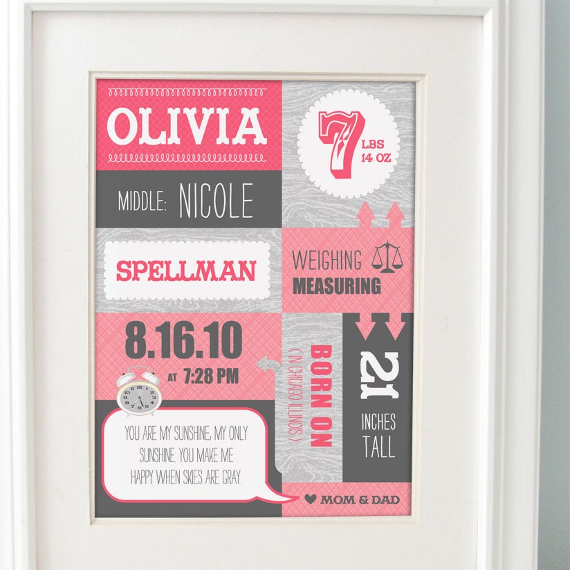 Nursery Art Girl's Custom Baby Birth Announcement Print Pink, Gray, Berry, Charcoal 8 x10