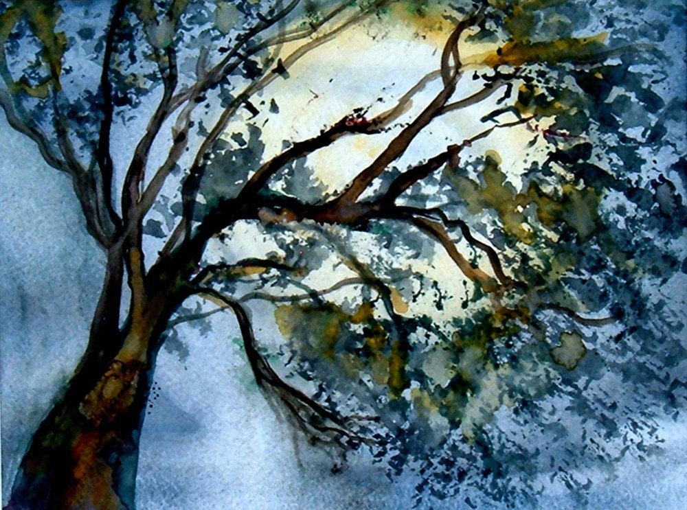 Full moon behind a tree surreal abstract art Watercolor print from my original watercolor painting 8x10