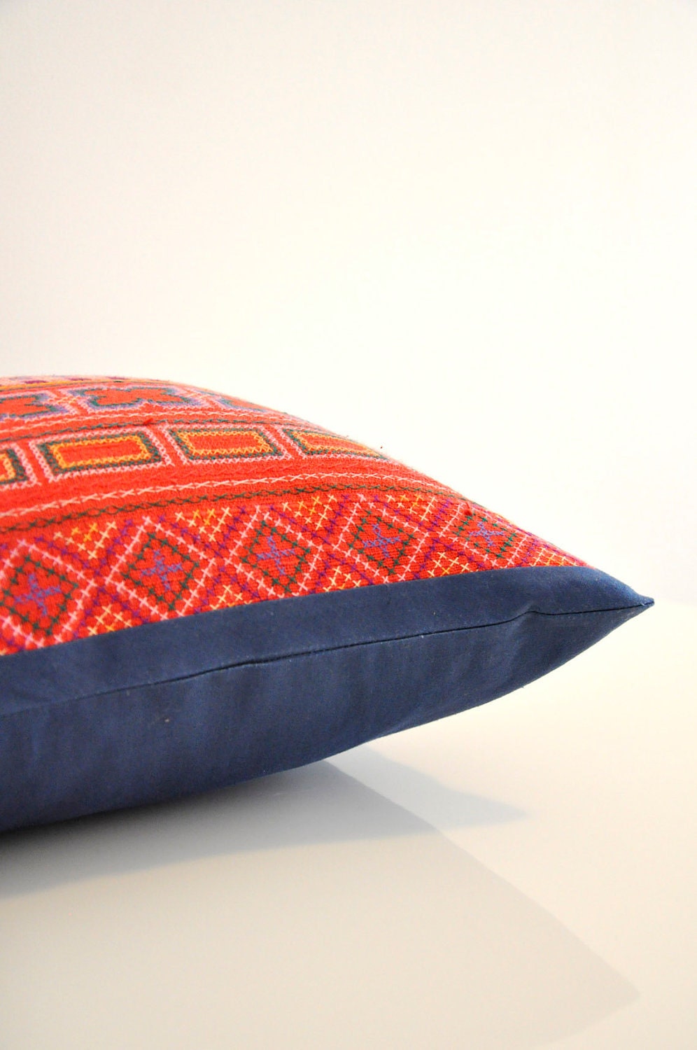 Anya red with deep blue trim Hmong tribal hand- stitched cotton pillow cover.