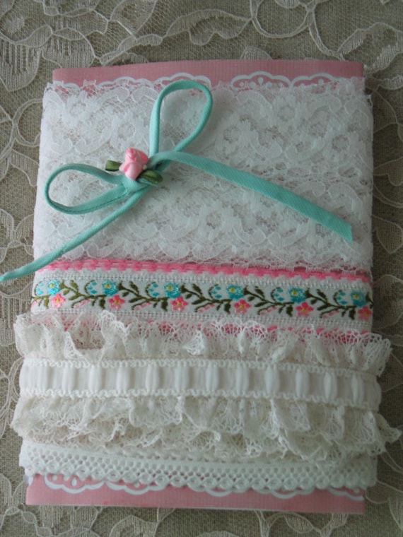 VINTAGE LACE, WHITE, Wide, 7 Yards, Pink And Aqua Trim, Embellishments, Shabby Chic.