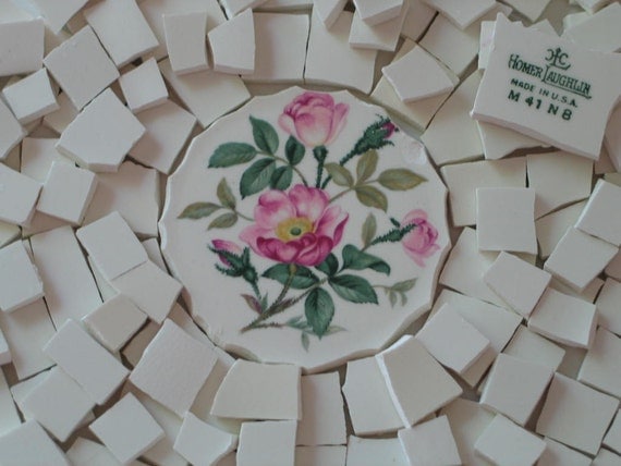 CHINA MOSIAC TILES, 100 Ivory,  Antique China, Hand Cut Tiles, Shabby Rose Focal, Gorgeous.