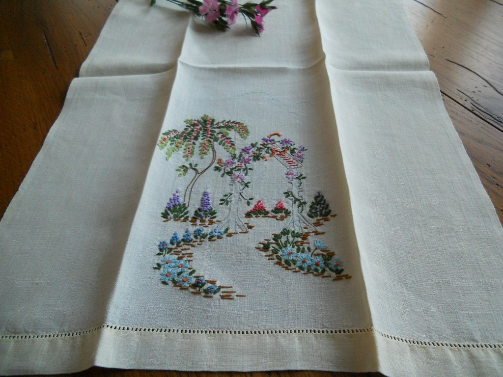 Garden Path Vintage Embroidered Linen Hand Towel