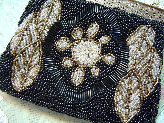 Elegant Black And Gold Beaded Vintage Purse