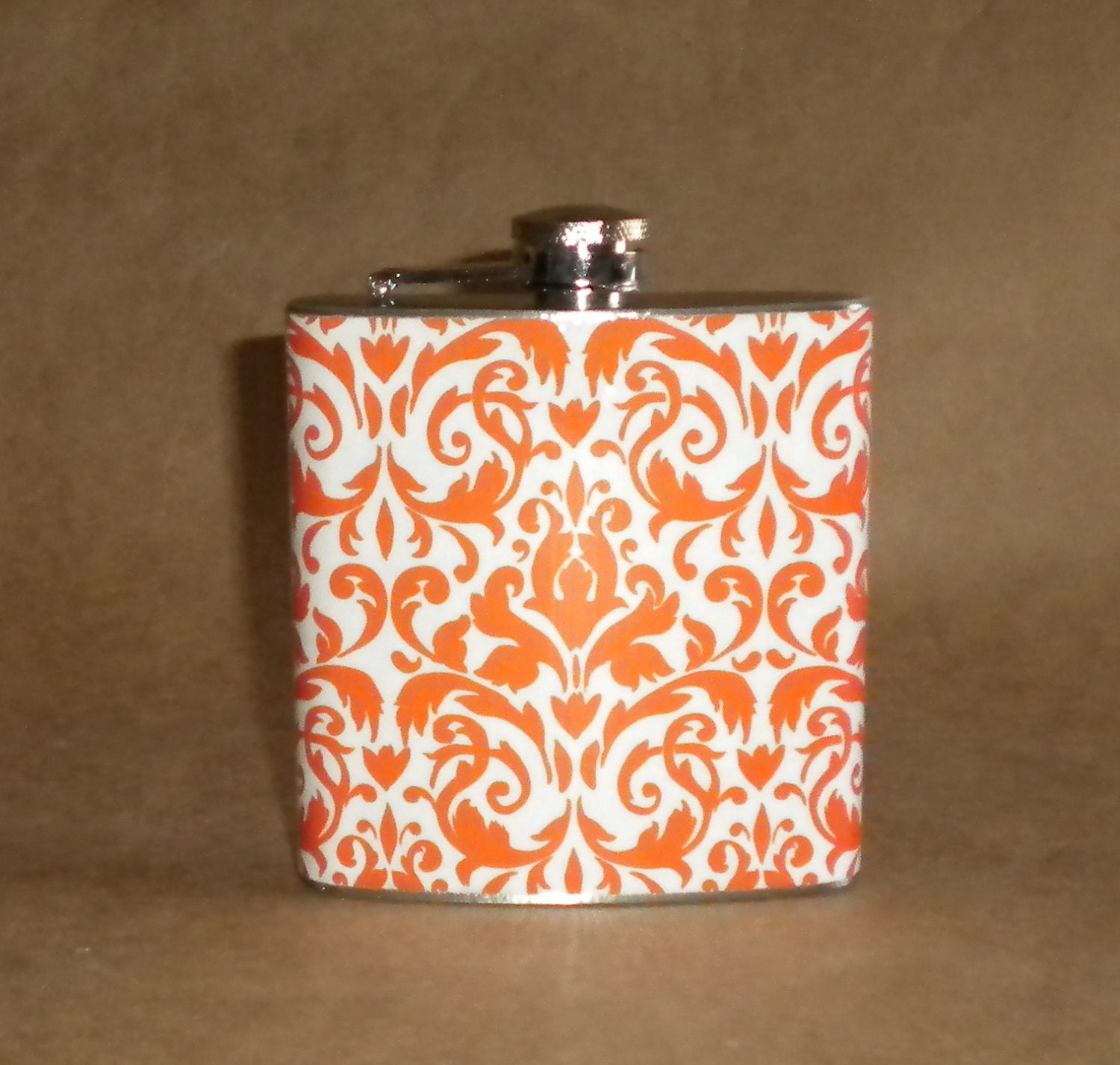 Orange and White Damask Print 6 ounce Stainless Steel Girl Gift Flask KR2D 2302