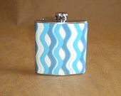 SALE Flask Blues and White Wave Print Wedding Sorority Birthday 6 ounce Stainless Steel Gift Flask
