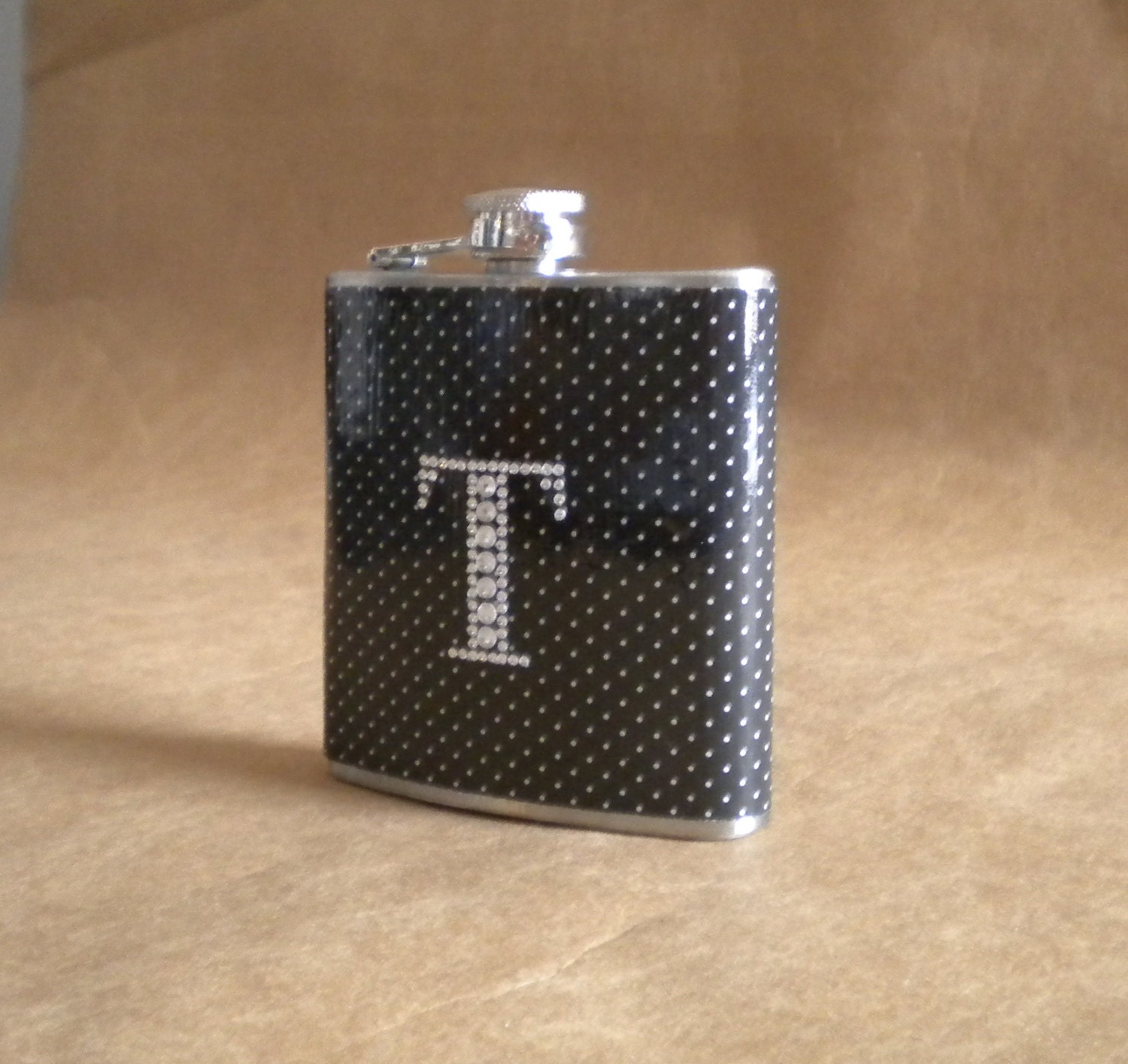 Flask Black and White Pin Dot Print with ANY Rhinestone Initial 6 ounce Stainless Steel Girl Gift Flask KR2D 4698