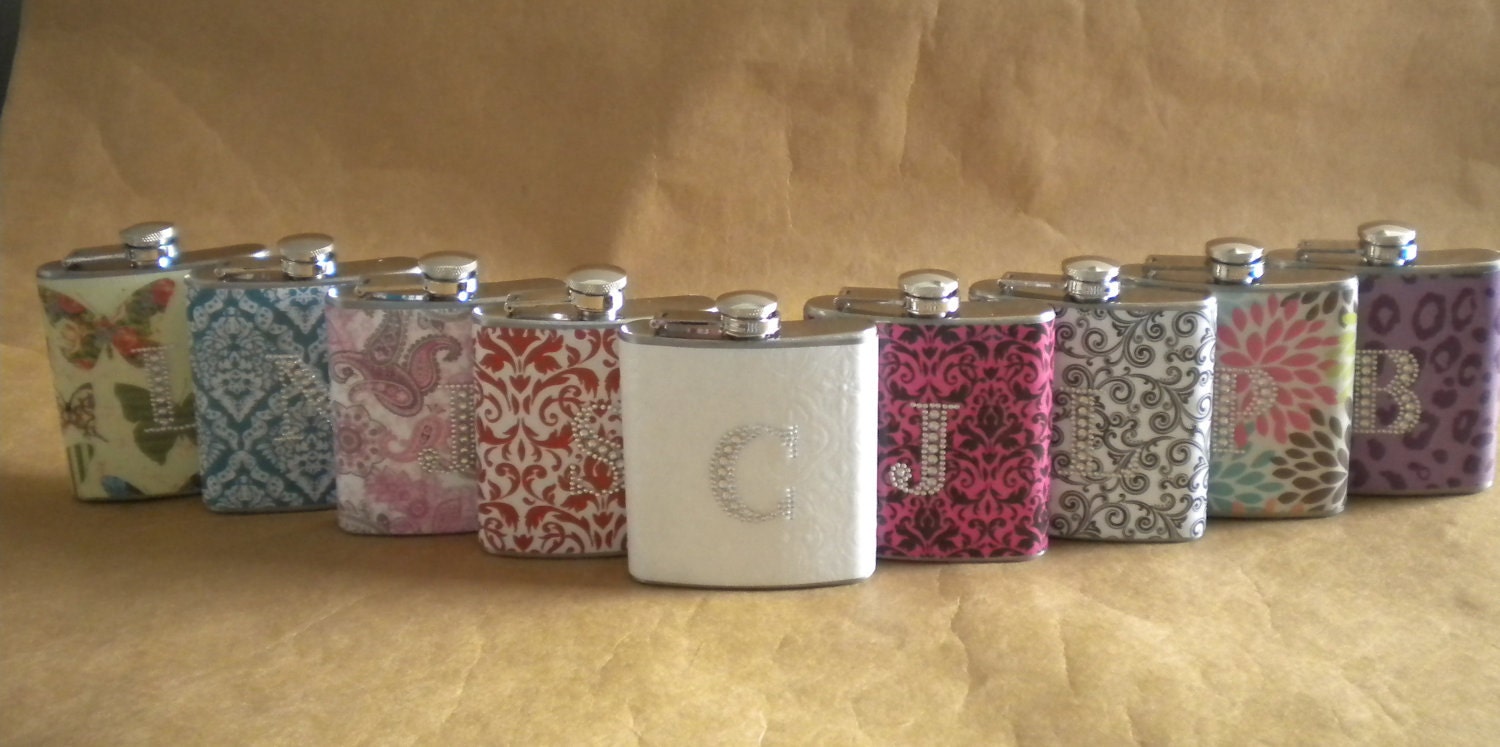 Bridesmaids Gift Flasks ANY 9 Print Designs with Rhinestone Initials 6 ounce Stainless Steel Flask KR2D5463
