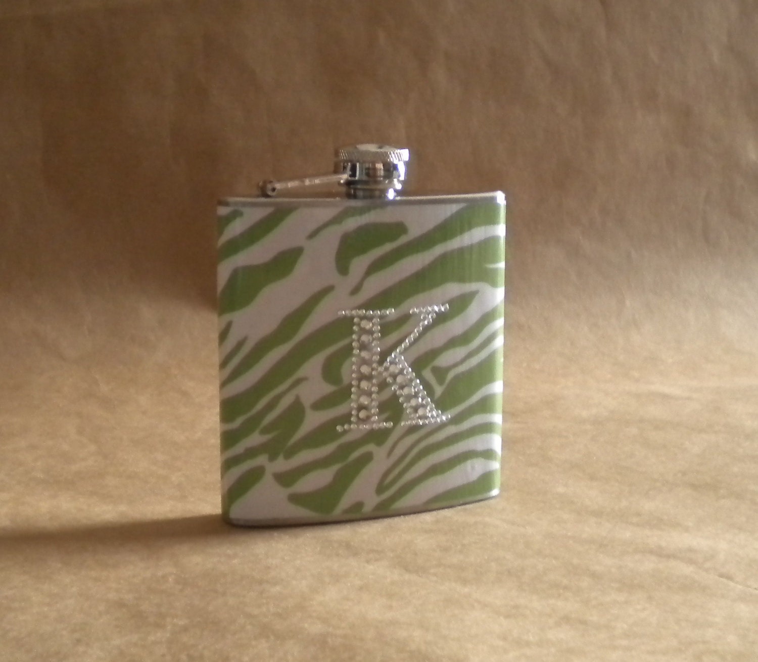Green and White Zebra Print with ANY Rhinestone Initial 6 ounce Stainless Steel Girl Gift Flask KR2D 4996
