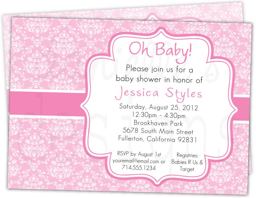 Oh Baby - Pink Damask Customized Baby Shower Invitations -- Printable Digital JPEG File