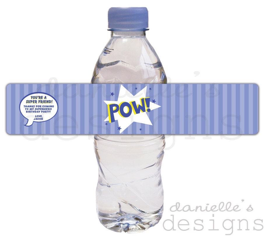 Personalized Birthday Water Bottle Labels with Superhero Comic Book Theme - BAM & POW - 35 labels