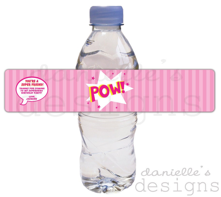 Personalized Birthday Water Bottle Labels with Superhero Comic Book Theme - BAM & POW - 35 labels
