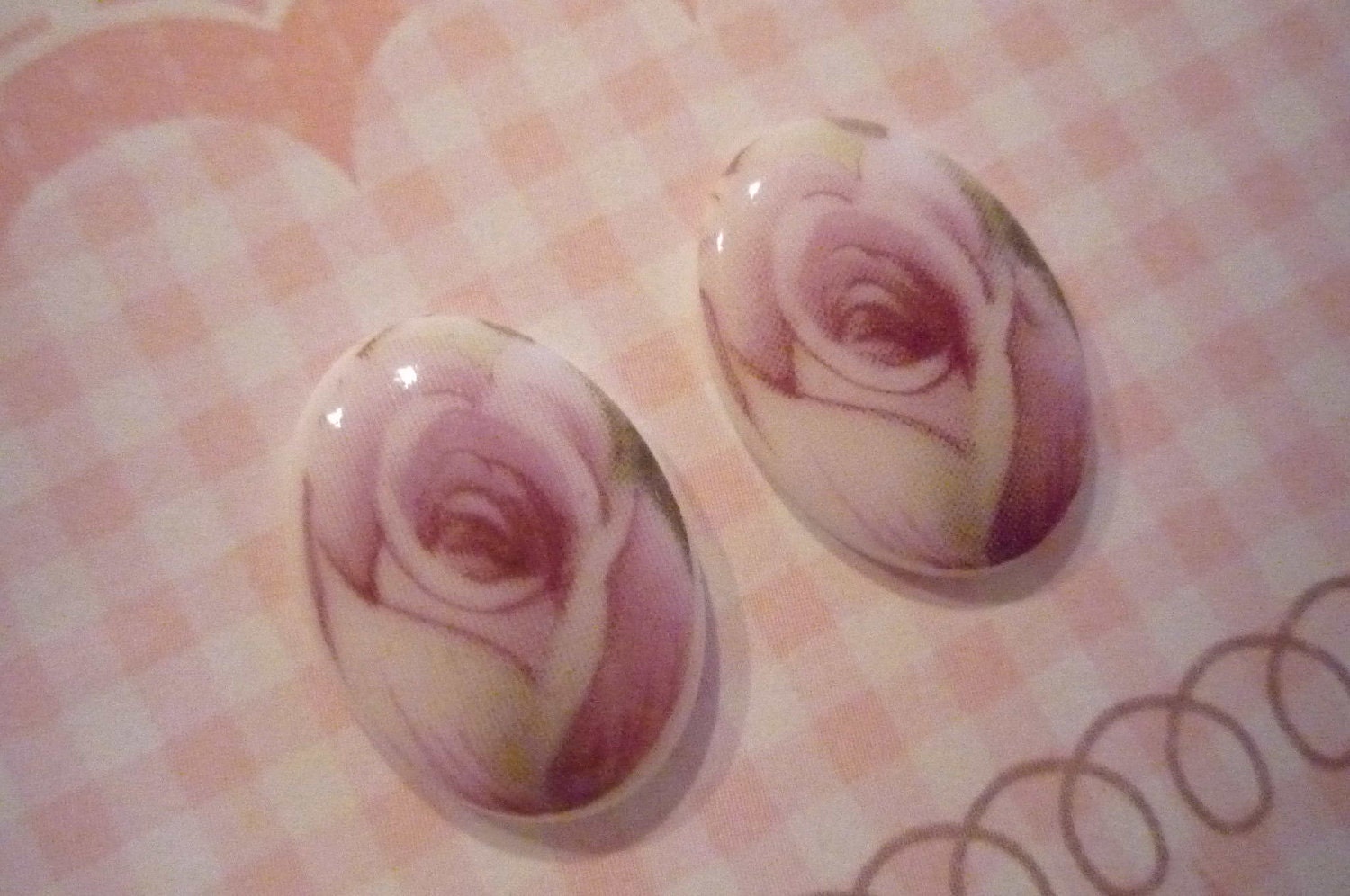German Decal Porcelain Painting of Closeup of a Pink Rose on Chalkwhite Base 18 X 13mm Cabochons - Qty 2