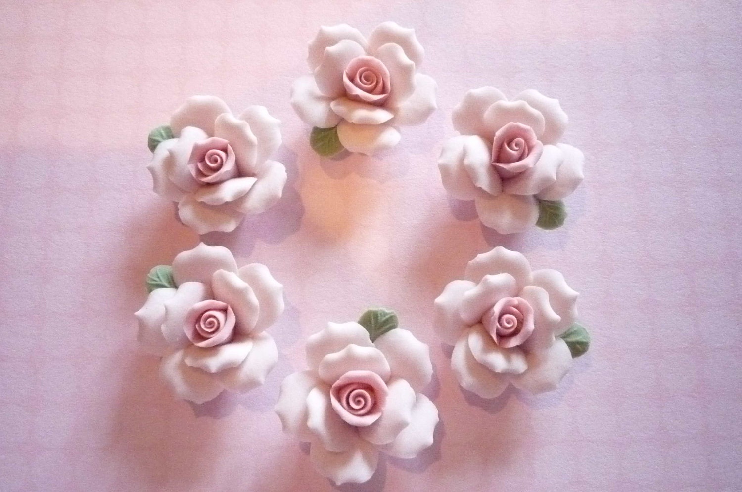 Soft Pastel Pink Ceramic Rose Flower Flat Back 27mm Cabochons with Green Leaf - Qty 3