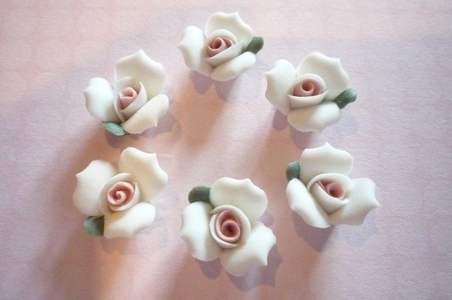 White Ceramic Rose Flower Flat Back 17mm Cabochons with Pink Center Qty 6