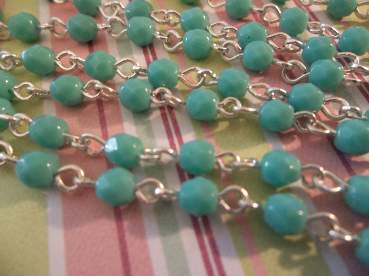 Turquoise 4mm Fire Polished Glass Beads on Silver Beaded Chain - Qty 18 Inch strand