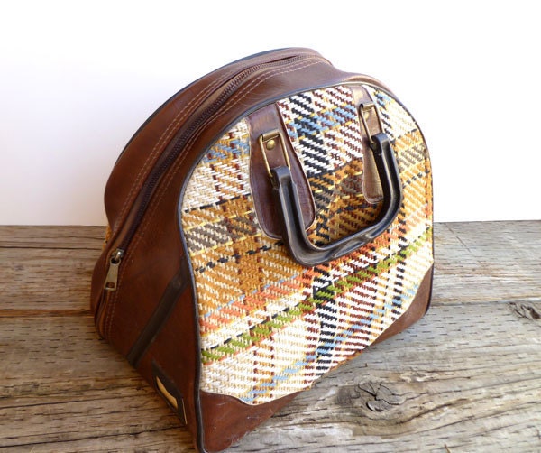 Plaid, Tweed Bowling Bag- Cream, Brown and Tan Retro, Vintage