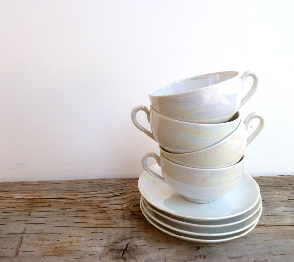 Vintage Tea Cup Set of 4- Lusterware White Porcelain