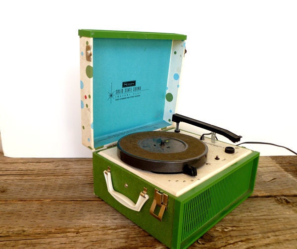 1960s Portable Record Player Turn Table- Retro Polka Dot- Blue and Green