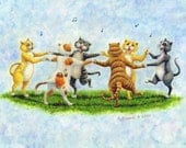 MERRY DANCING CATS Susan Brack Feline Folk Art Print