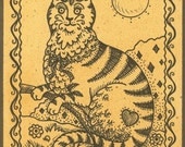 Pen & Ink Primitive Naive FOLK ART CAT Vintage Country Victorian Style Art sfa Susan Brack