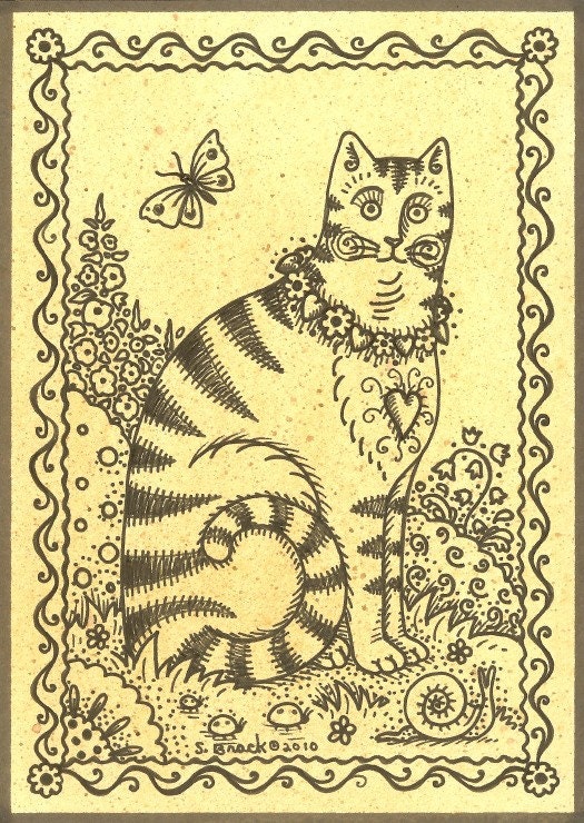 Primitive Country CAT pen and ink Art SFA Original Susan Brack Naive
