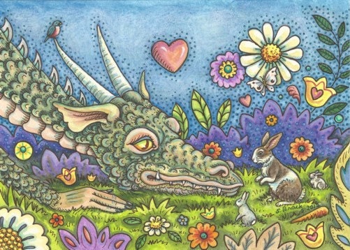 Friendly DRAGON Bunny Trail Rabbit Hare Fantasy Original Art Susan Brack  EBSQ